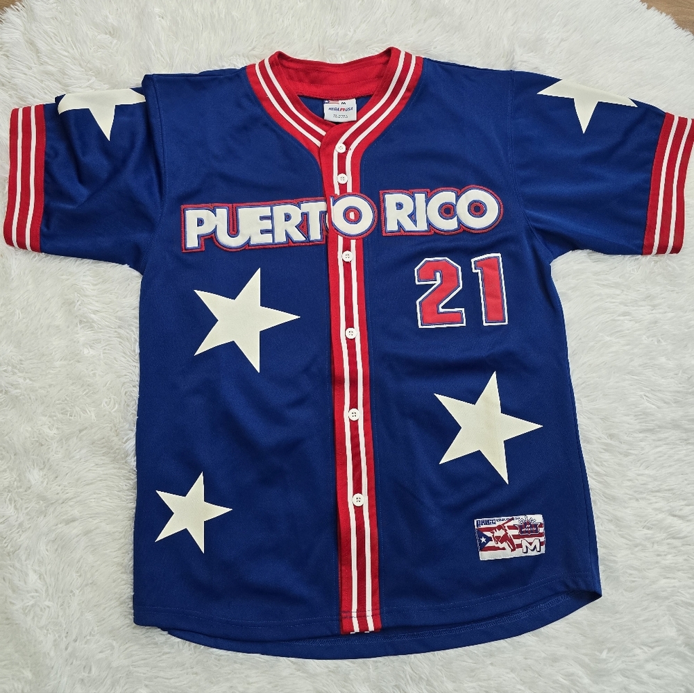 MEGA M USA PUERTO RICO JERSEY SIZE M NUMBER 21 BLUE SHORT SLEEVE